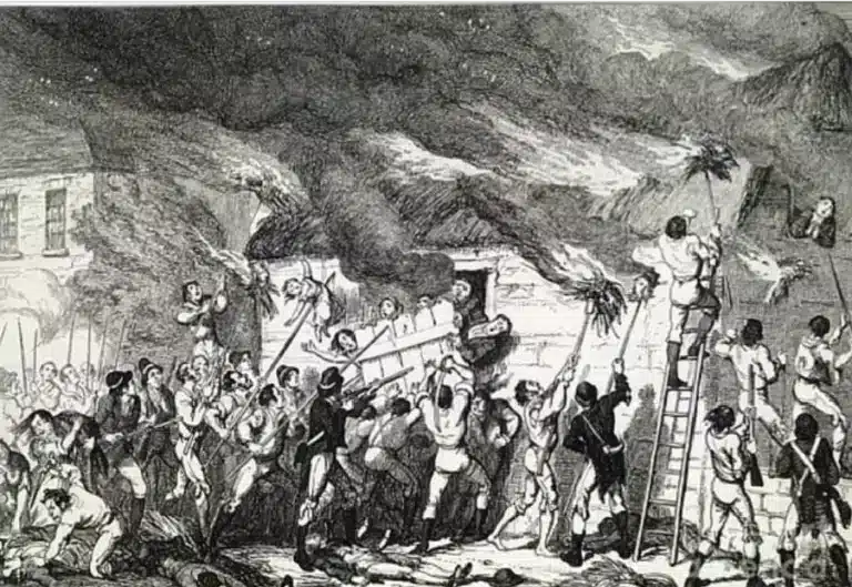 Illustration of the Scullabogue Barn Massacre, a mass murder of loyalist civilians, near Newbawn, County Wexford on June 5th, 1798. Up to 150 noncombatants were trapped inside a barn and set alight.