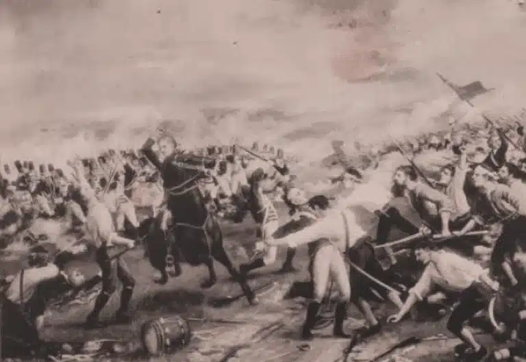 Historical illustration depicting the Battle of Newtownbarry in 1798, showing intense fighting between soldiers and rebels, with figures engaged in close combat and smoke filling the battlefield, featured at the National 1798 Rebellion Centre, Enniscorthy.