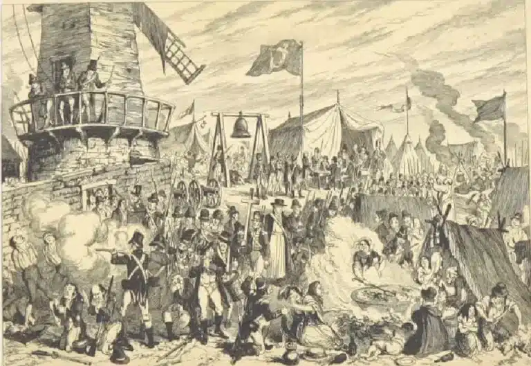 Illustration of the rebel camp at Vinegar Hill during the 1798 Rebellion in Enniscorthy, County Wexford, showing United Irishmen gathered around tents and a windmill as British troops prepare to attack, featured at the National 1798 Rebellion Centre.