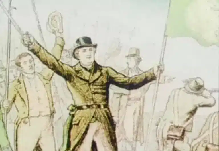 Illustration of Lieutenant Bookey during the 1798 Rebellion, raising his sword, featured at the National 1798 Rebellion Centre, Enniscorthy.