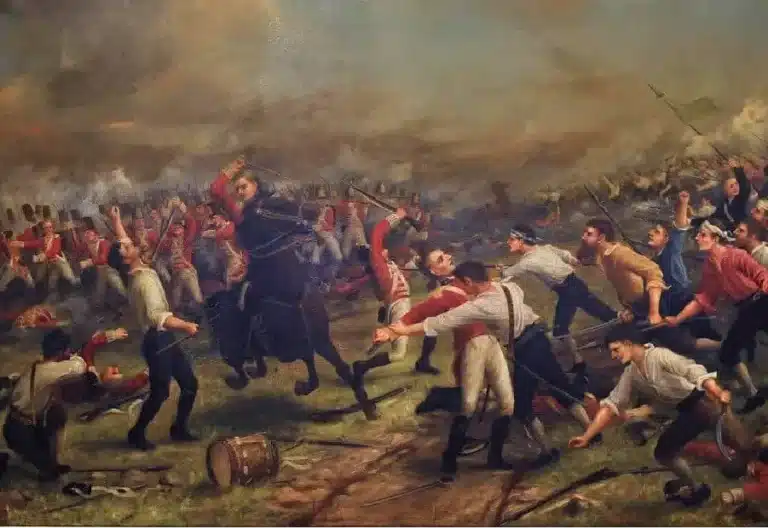 Painting of the Battle of Oulart during the 1798 Rebellion in County Wexford, showing Irish rebels clashing with British soldiers amid smoke, chaos, and fierce hand-to-hand fighting.