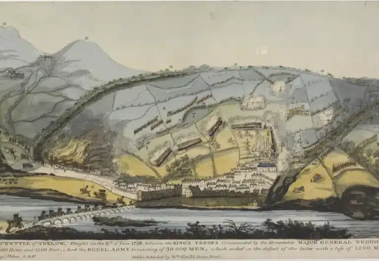 Historical map-style illustration showing the Battle of Arklow in 1798, depicting troops, smoke and movement across a hilly landscape with a river and bridge in the foreground, featured at the National 1798 Rebellion Centre, Enniscorthy.