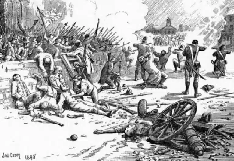 Illustration of the Battle of Antrim during the 1798 Rebellion in Ulster, showing United Irishmen fighting British troops amid smoke, cannon fire and fallen soldiers in the town square, featured at the National 1798 Rebellion Centre, Enniscorthy.