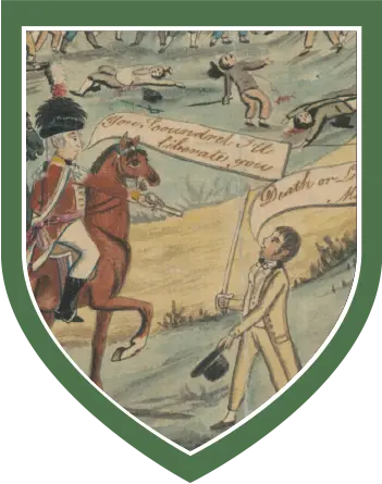 Illustration showing a man in crown forces red on horseback saying “Scoundrel I’ll liberate you” to man holding white flag partially in the picture with the word “death” on it, during a 1798 battle as men lay on battlefield in the background, Image is framed in green.