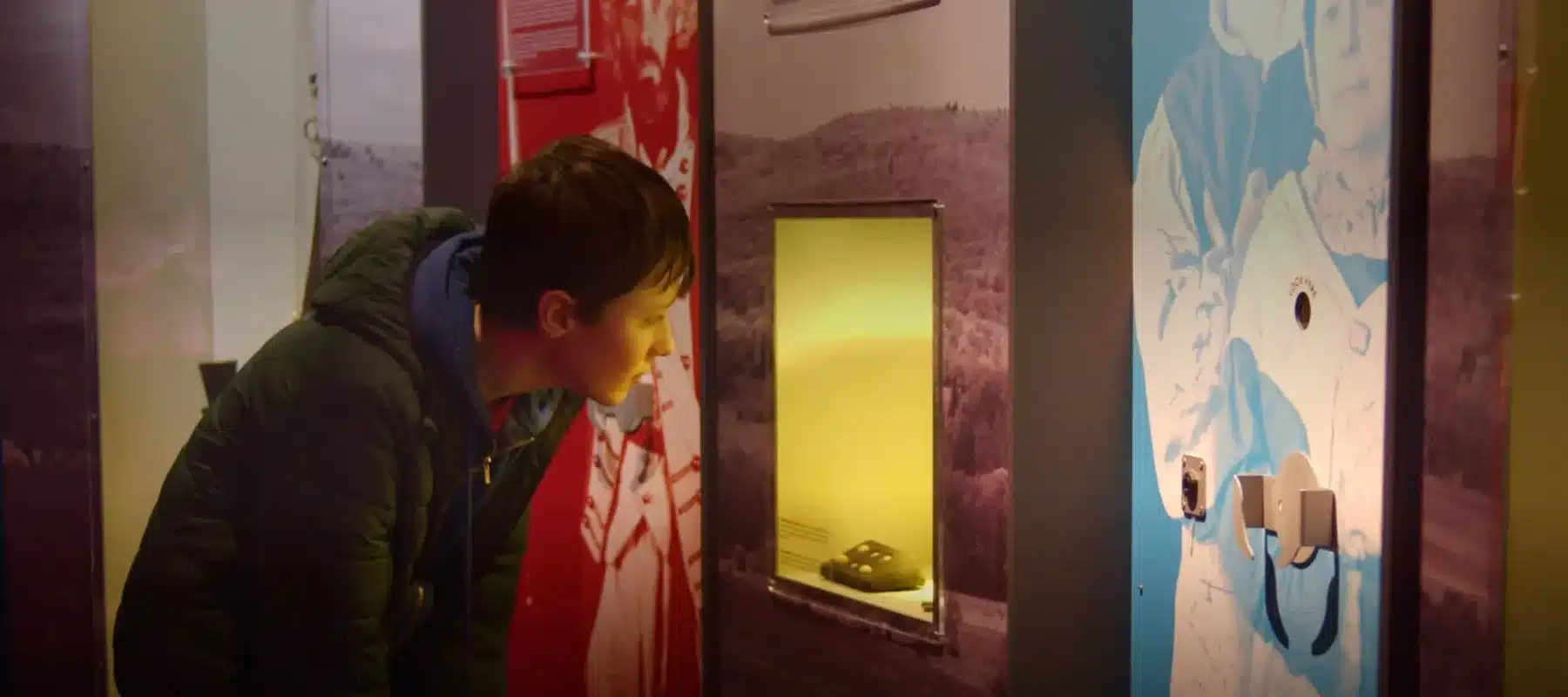 Boy looks at exhibit through glass.