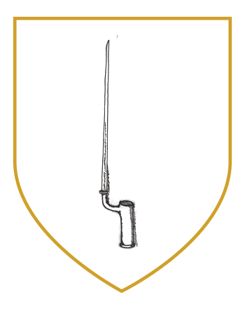 Simple sketch of a pike head inside a gold-outlined shield emblem, featured in the National 1798 Rebellion Centre, Enniscorthy.