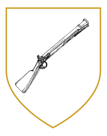 Simple crest-style shield featuring a black and white line drawing of a blunderbuss in the centre, featured in the National 1798 Rebellion Centre, Enniscorthy.