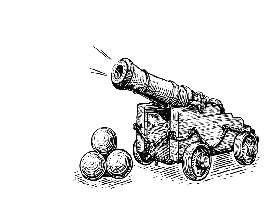 Black and white illustration of a cannon on a wooden carriage with stacks of cannonballs beside it, featured in the National 1798 Rebellion Centre, Enniscorthy.