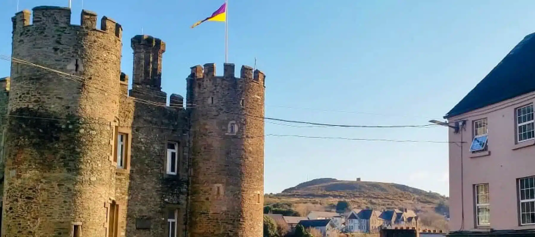 Enniscorthy Castle with Irish and county flags flying, overlooking the town and Vinegar Hill in the background, on a clear day.