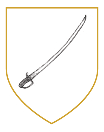 Crest-style shield featuring a simple line drawing of a curved sabre with a guard handle, featured in the National 1798 Rebellion Centre, Enniscorthy.
