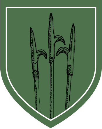 Illustration of three pikes with curved blades standing upright on a green shield background, featured at the National 1798 Rebellion Centre, Enniscorthy.