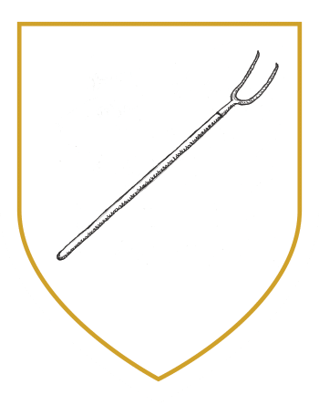 Crest-style shield featuring a line drawing of a long-handled two-pronged pike or forked pole weapon, featured at the National 1798 Rebellion Centre, Enniscorthy.