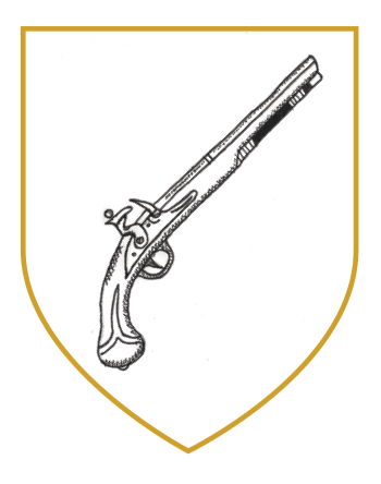 Crest-style shield featuring a line drawing of an antique flintlock pistol, featured at the National 1798 Rebellion Centre, Enniscorthy.