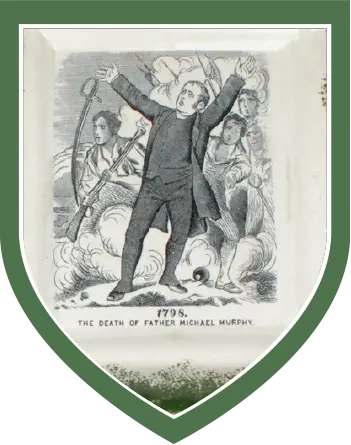 Black and white illustration labelled “1798. The Death of Father Michael Murphy” depicting a priest standing with arms raised amid smoke and battle, framed within a green shield border, featured at the National 1798 Rebellion Centre, Enniscorthy.