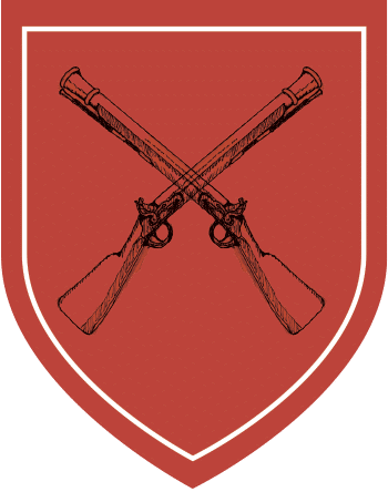 Illustration of two flintlock muskets crossed over each other on a red shield background.