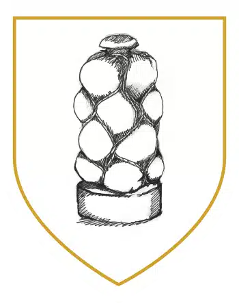 Crest-style shield featuring a line drawing of a stacked cluster of round cannon shot know as grapeshot, featured in the National 1798 Rebellion Centre, Enniscorthy.