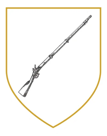Crest-style shield featuring a line drawing of a long flintlock musket, featured in the National 1798 Rebellion Centre, Enniscorthy.