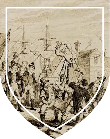 Historical illustration showing men hoisting a man on pike beside ships in a harbour.