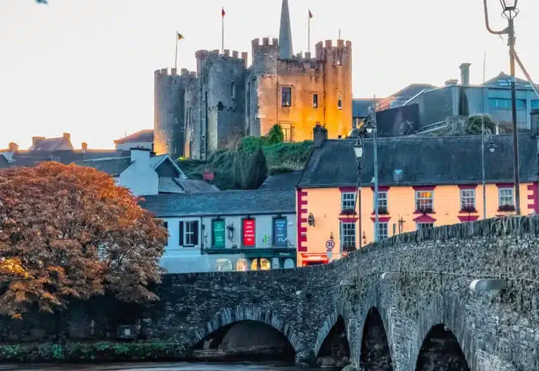 View of Enniscorthy Castle overlooking colourful town buildings and the historic stone bridge across the River Slaney.
